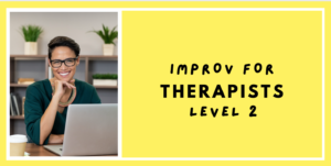 Improv for Therapists - Level 2. A Black woman with a short cropped haircut and green blouse in front of her open laptop, smiling.